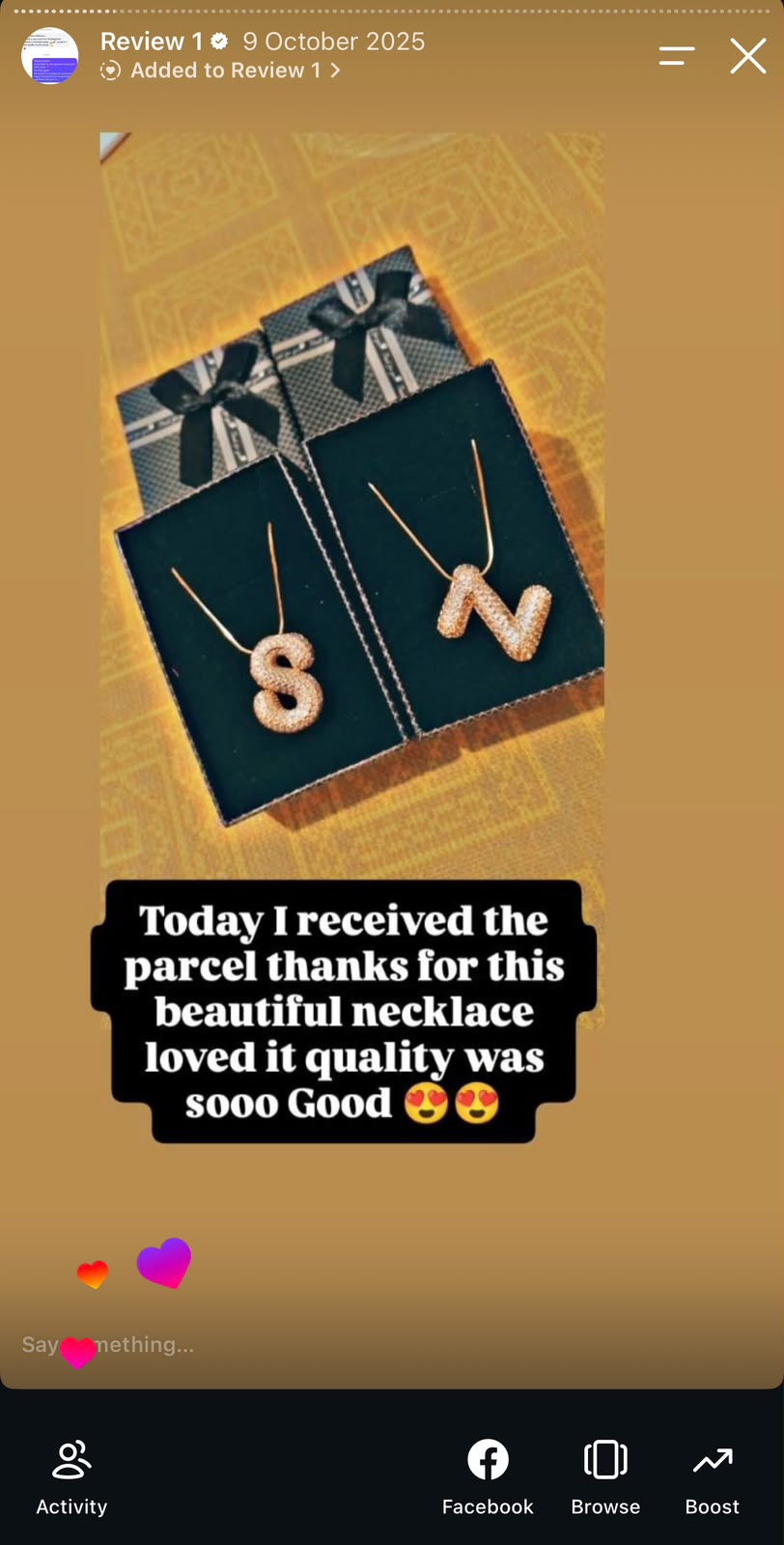 Instagram customer review screenshot for Jewels Corner 20s
