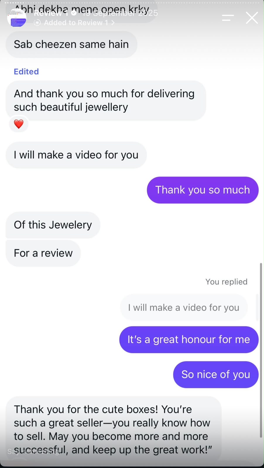 Customer review image from Jewels Corner 20s Instagram