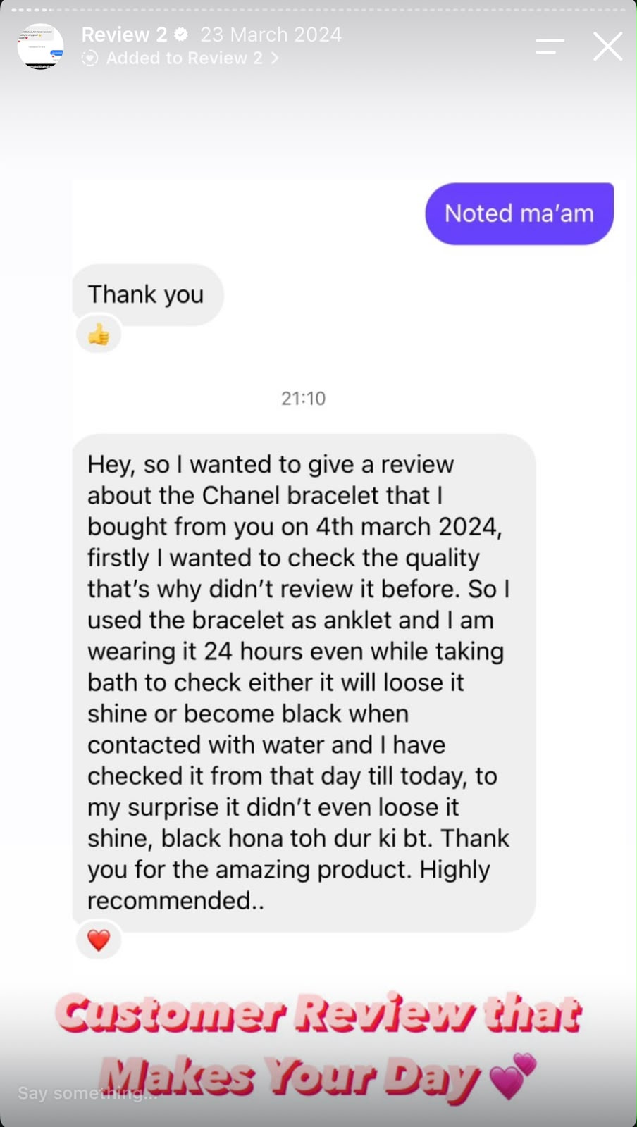 Customer review shared on Instagram — Jewels Corner 20s