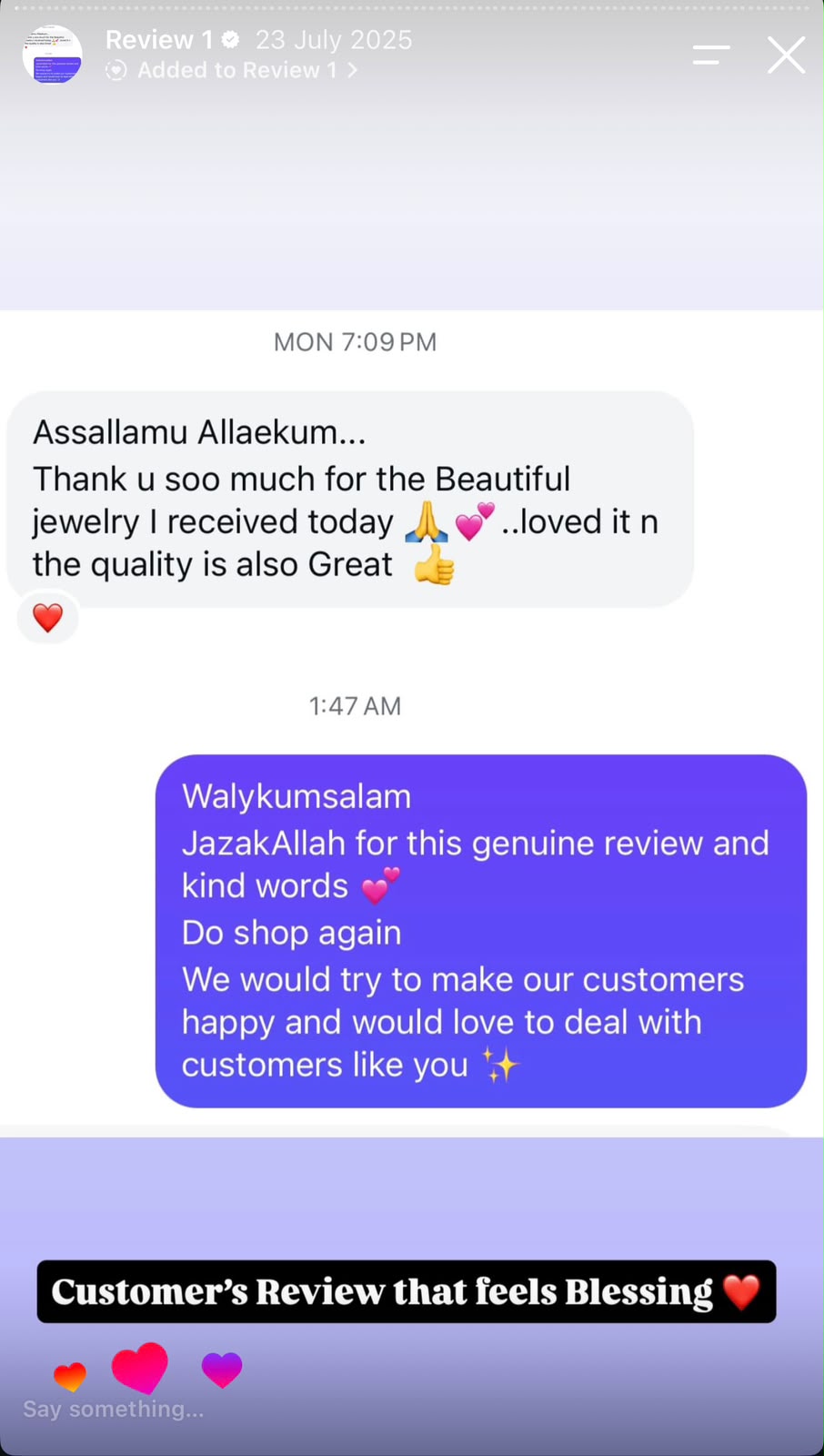Instagram customer review for Jewels Corner 20s